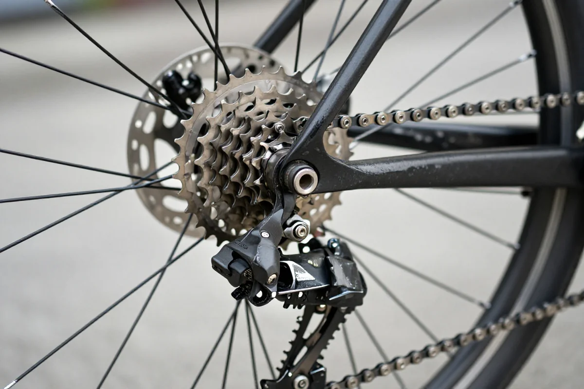 Zbliżenie na zębatki roweru miejskiego z widocznymi oznakami zużycia.