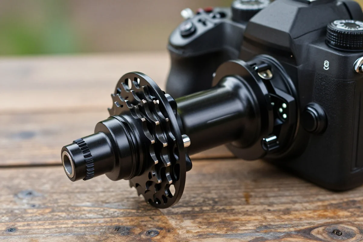 Zbliżenie na wewnętrzny system biegów rowerowych z piastą planetarną.