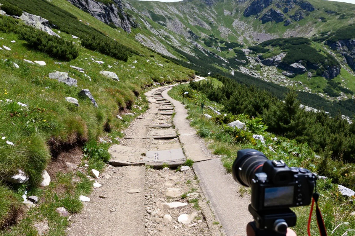 Szlak singletrack w Wschodnich Sudetach, otoczony zielenią i skałami.