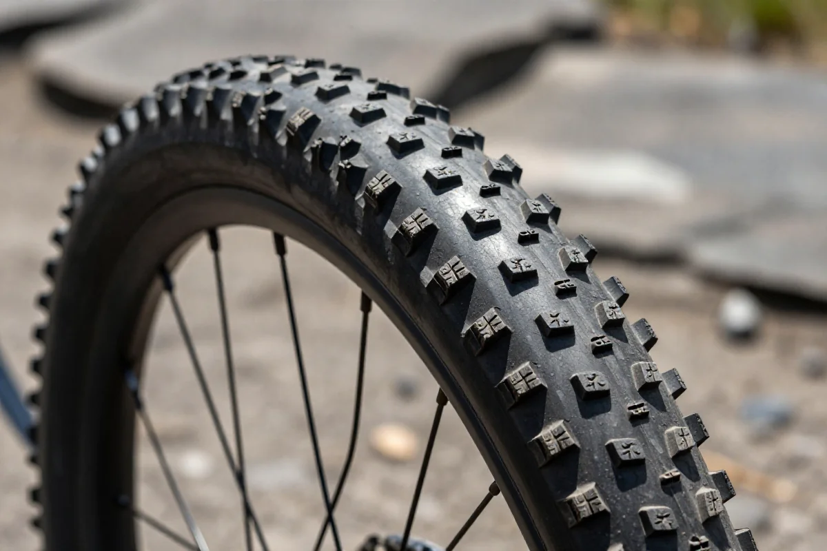 Bieżnik opony MTB z różnymi wzorami i wypustkami na terenie górskim.