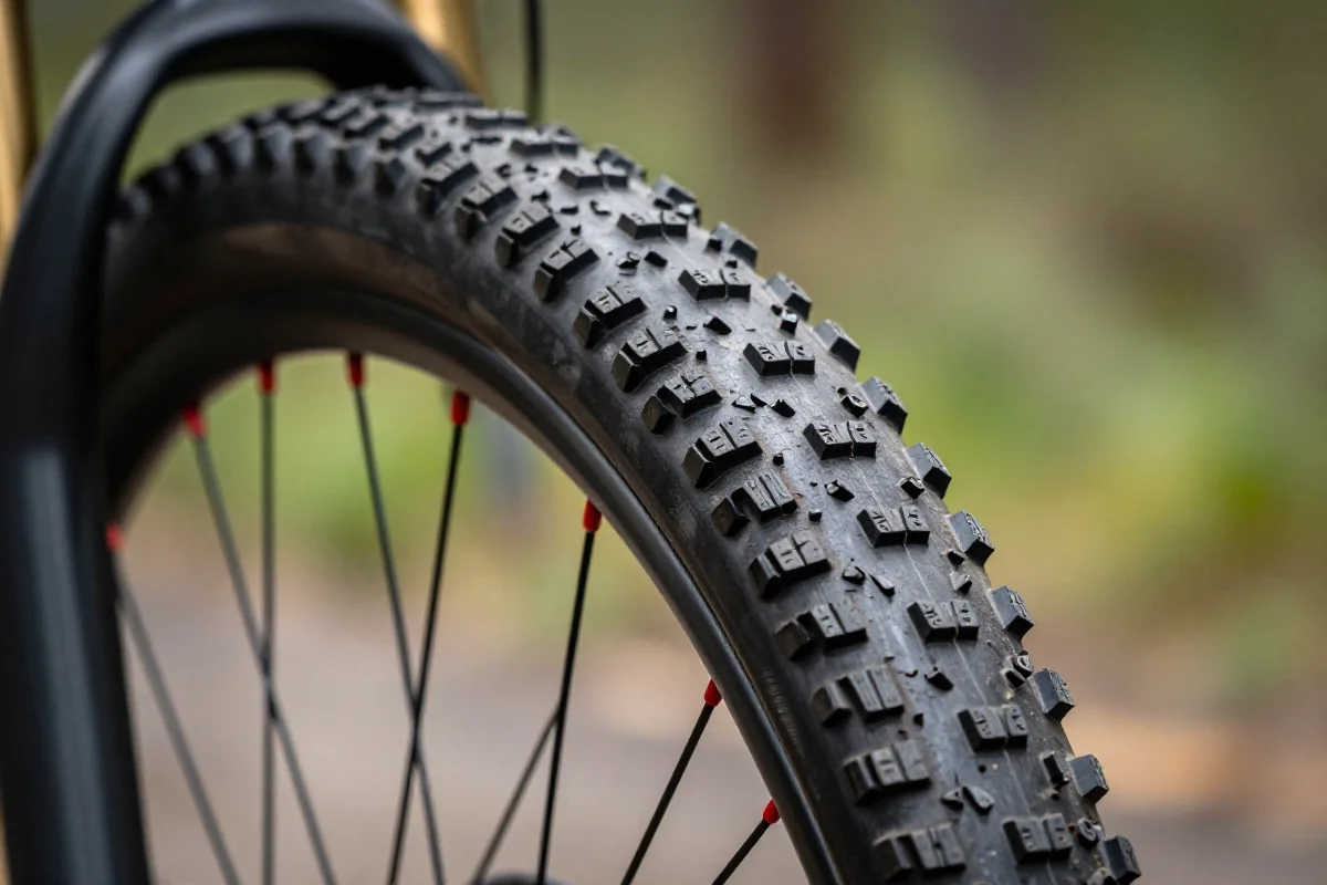 Bieżnik opony XC MTB z niskim profilem i zwartym układem kołków.