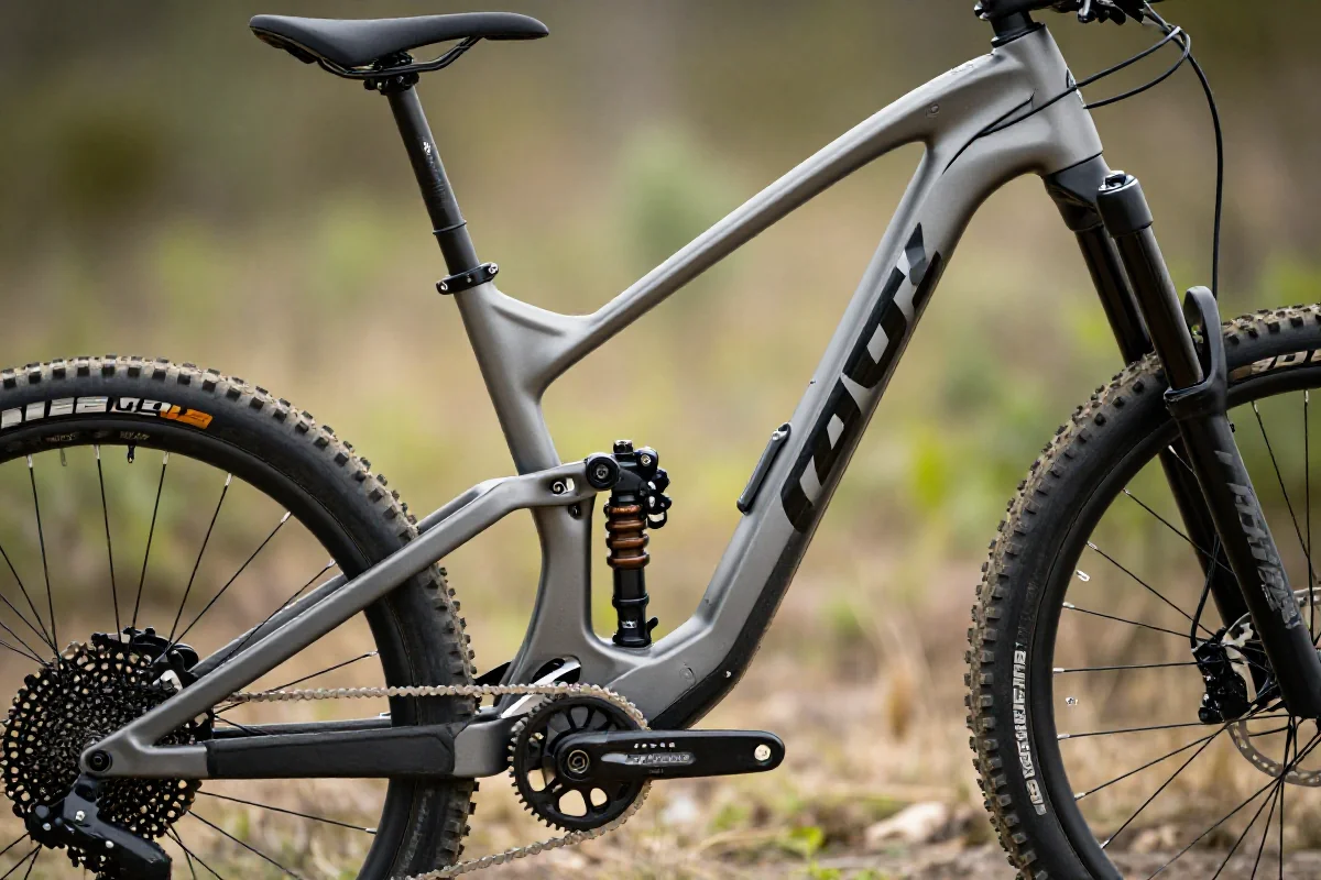 Szczegóły roweru górskiego w naturalnym otoczeniu, ukazujące jakość i komponenty.