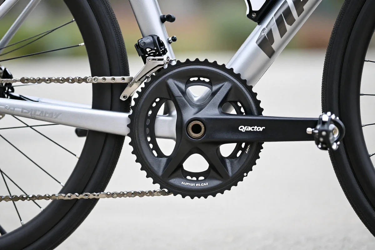 Szczegółowy widok korby rowerowej pokazujący Q-factor dla kobiet.