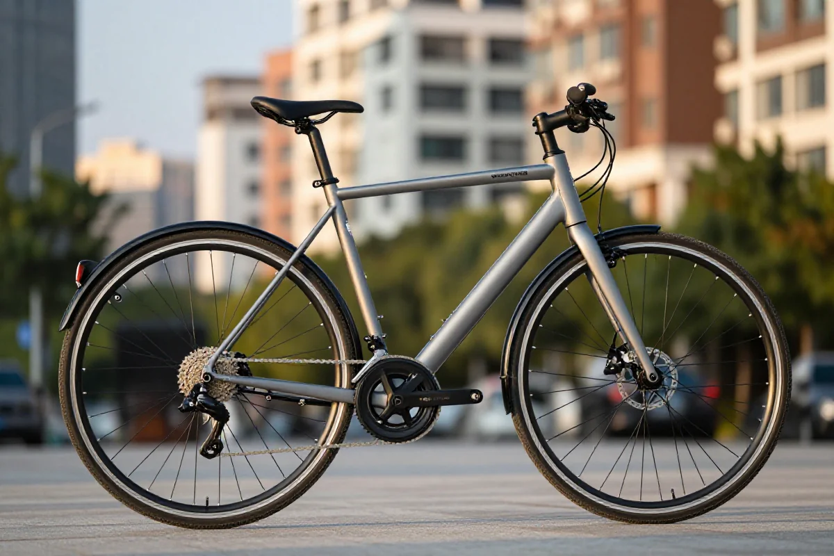 Rower miejski w miejskim otoczeniu, symbolizujący styl życia rowerowego.