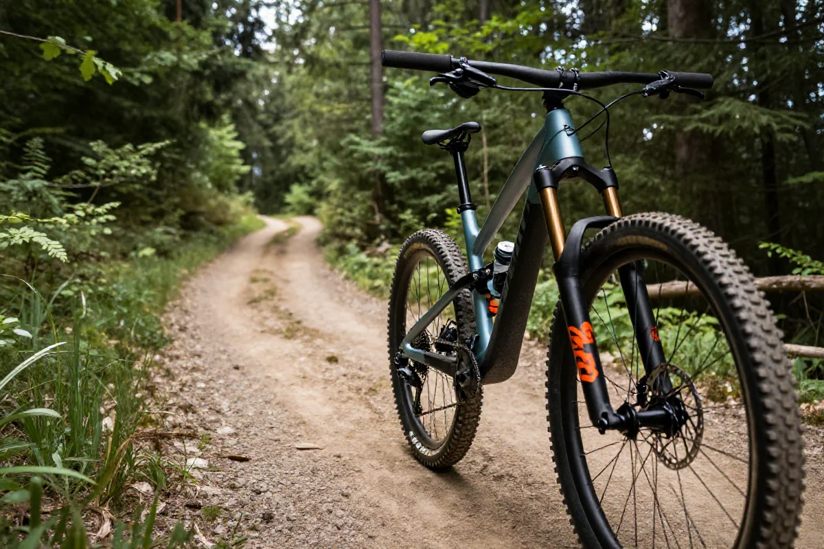 Widok na trasę rowerową w bike parku z rowerem górskim.