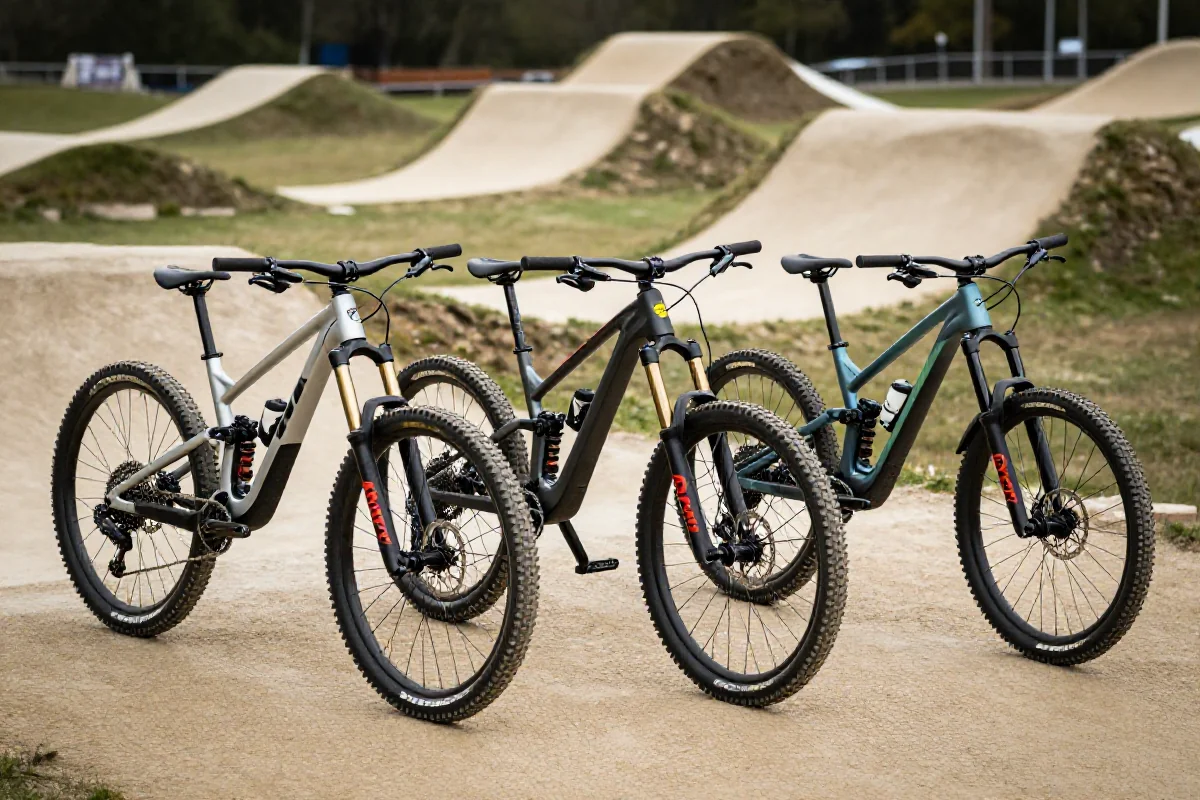 Trzy różne rowery górskie w bike-parku, przedstawiające różnice w konstrukcji.