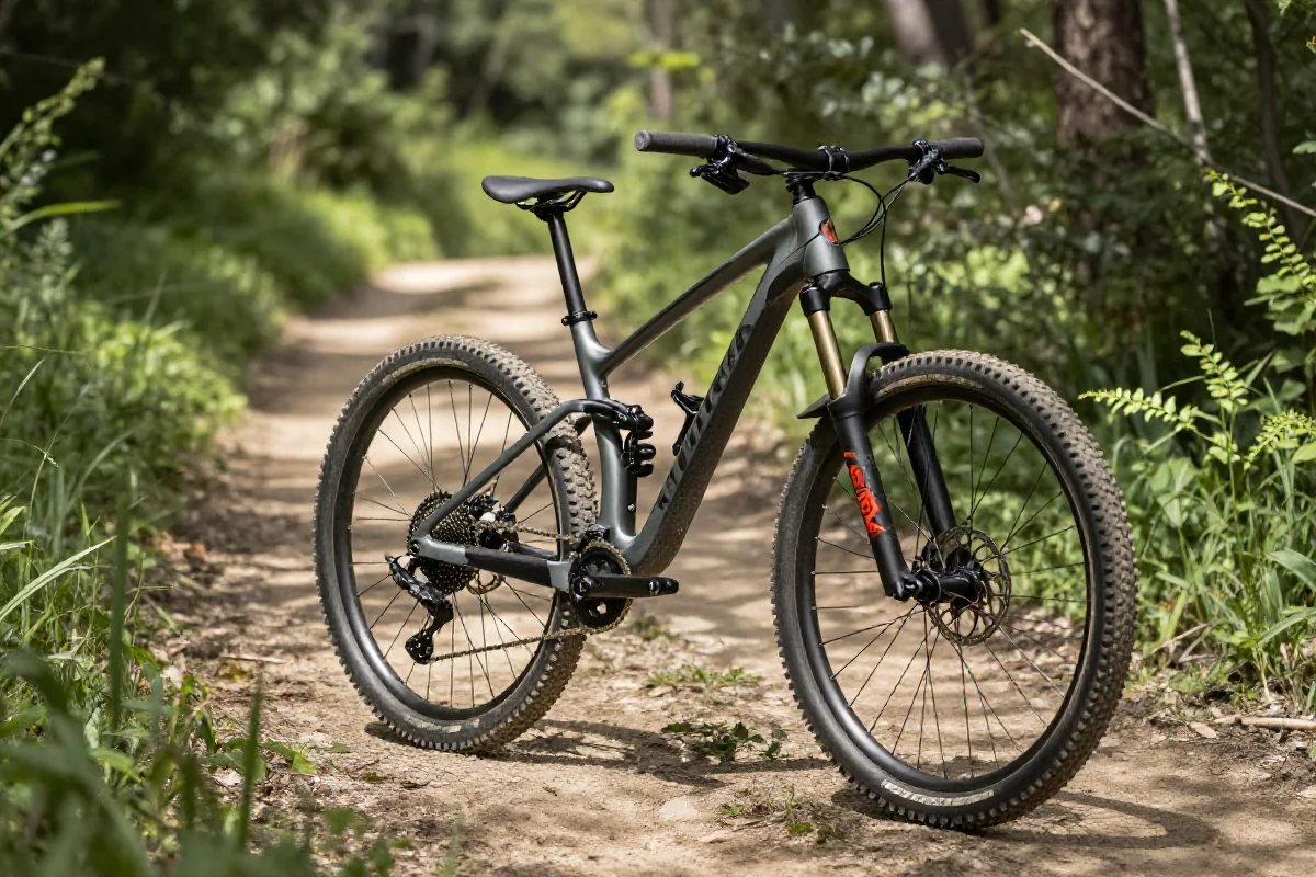 Rower górski na ścieżce w bike parku w Polsce, otoczony zielenią.