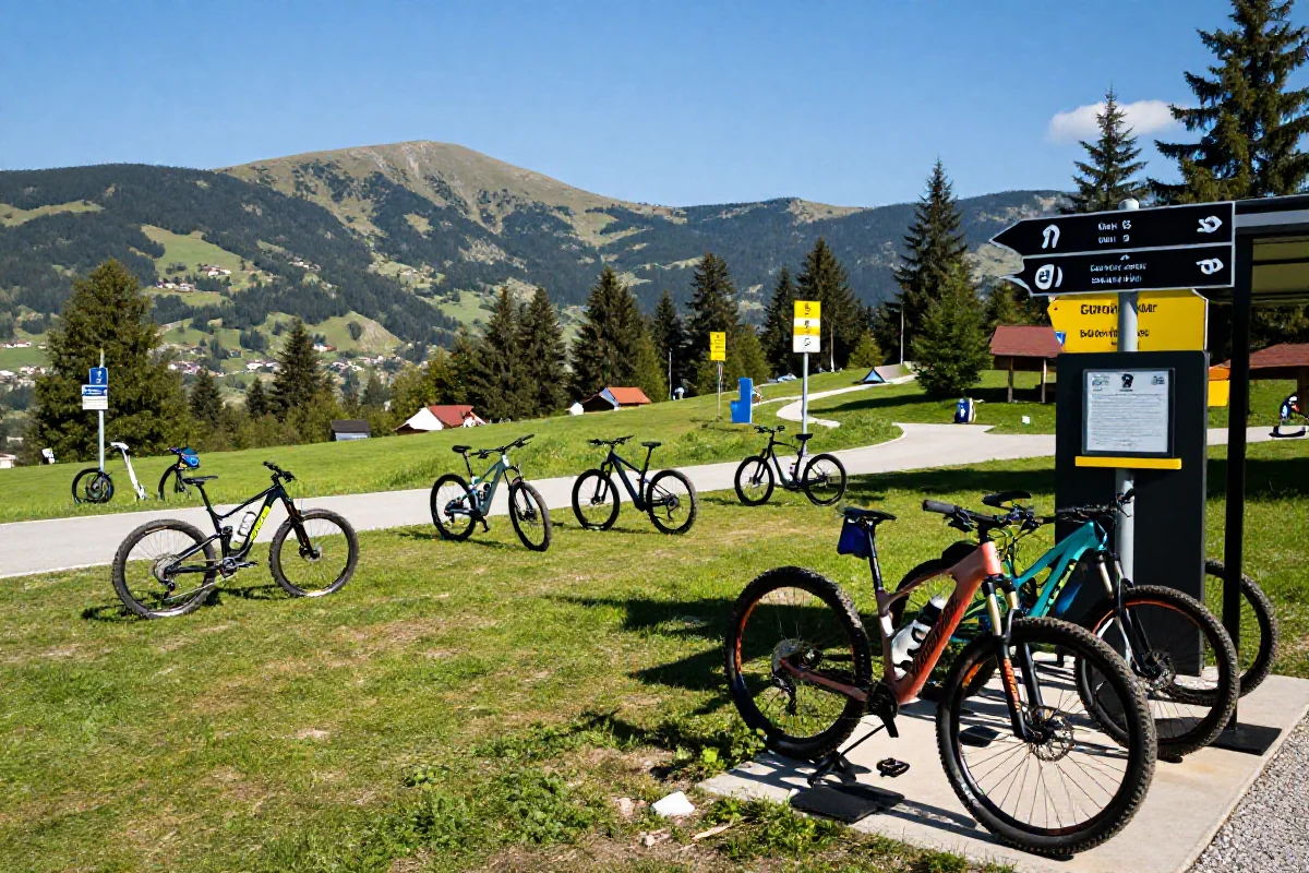 Park rowerowy w Zakopanem z różnorodnymi rowerami górskimi na trawie.