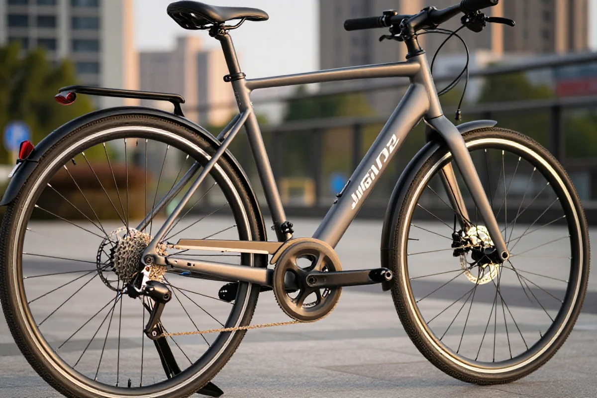 Nowoczesny rower miejski z detalami komponentów w miejskim otoczeniu.