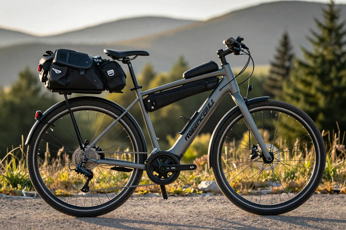 Rower elektryczny do bikepackingu z bagażami w naturalnym otoczeniu