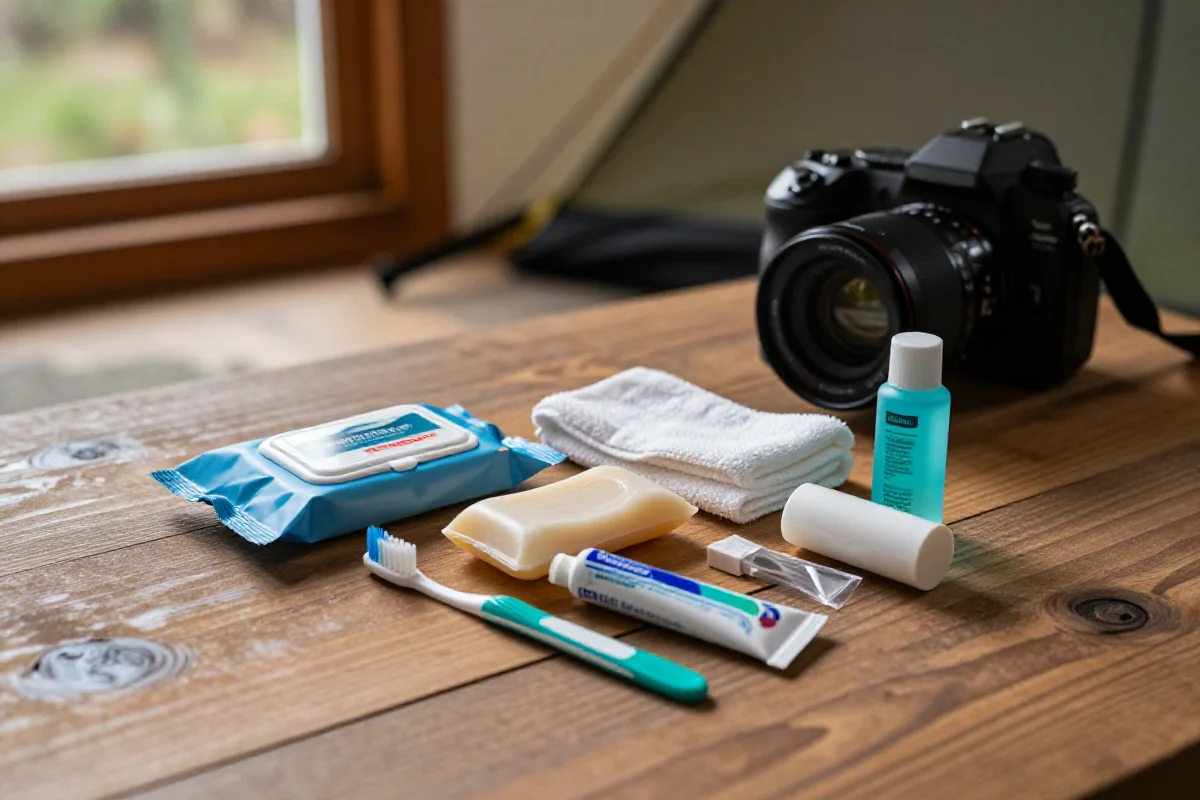 Niezbędne akcesoria higieniczne do bikepackingu na drewnianym stole.