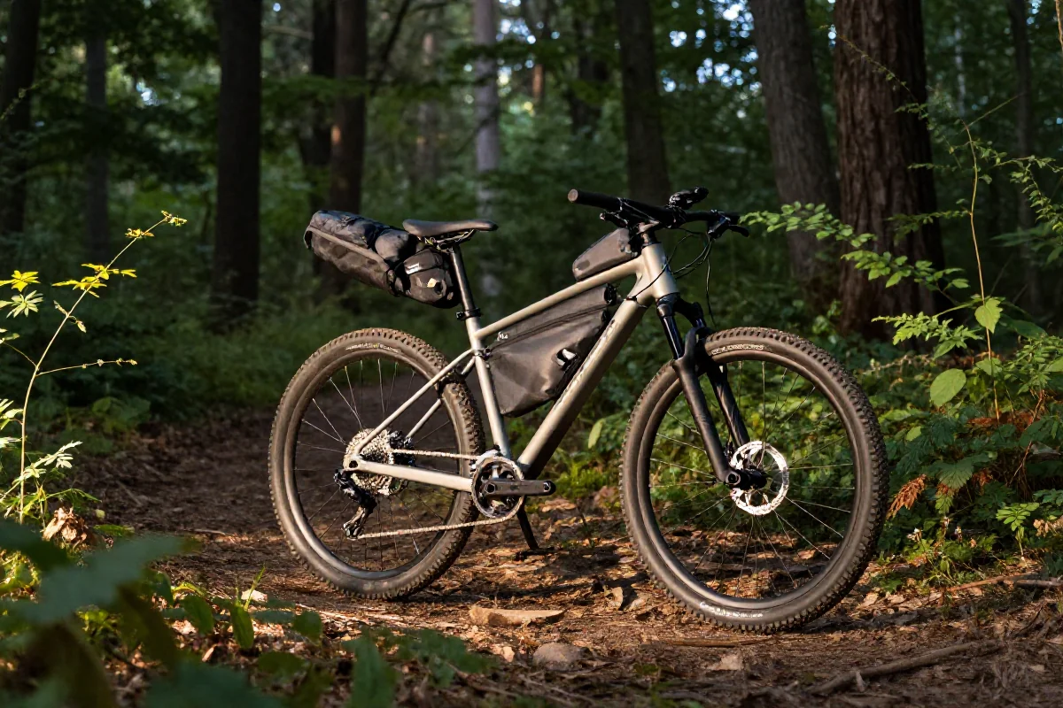 Rower górski na trasie bikepackingowej w lesie, z minimalistycznym bagażem.