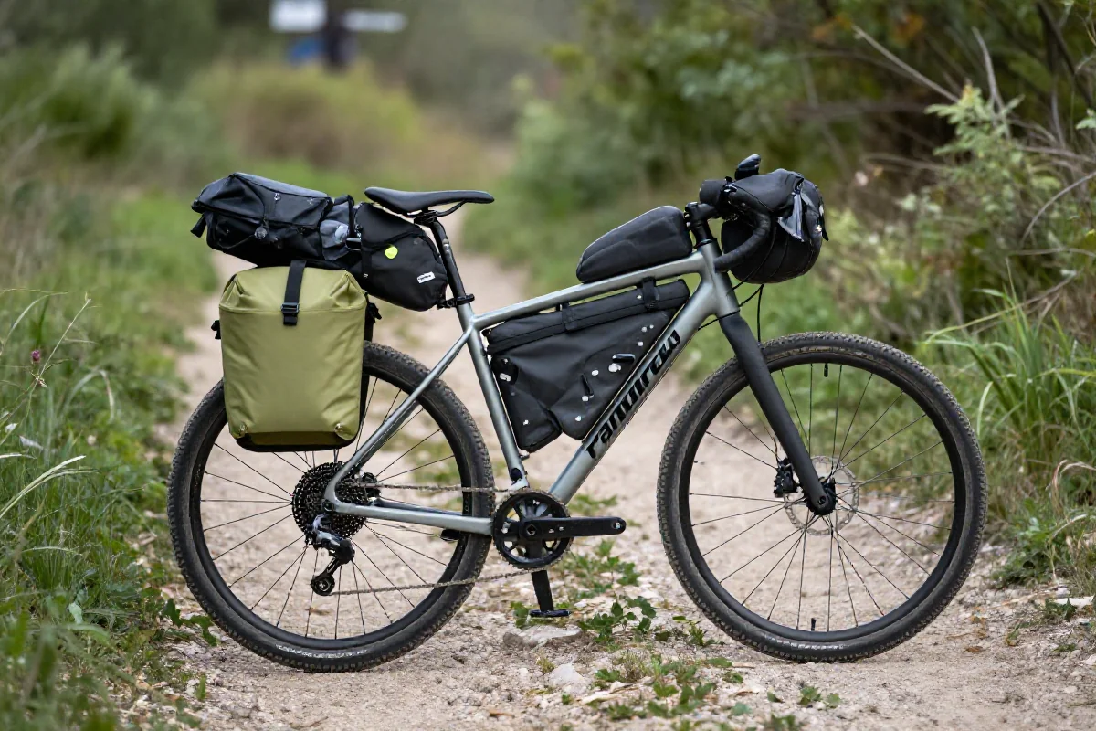 Zestaw do bikepackingu z torbami ramowymi na rowerze w terenie.