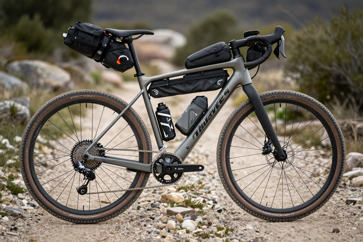Rower gravelowy elektryczny z torbami bikepackingowymi na szlaku