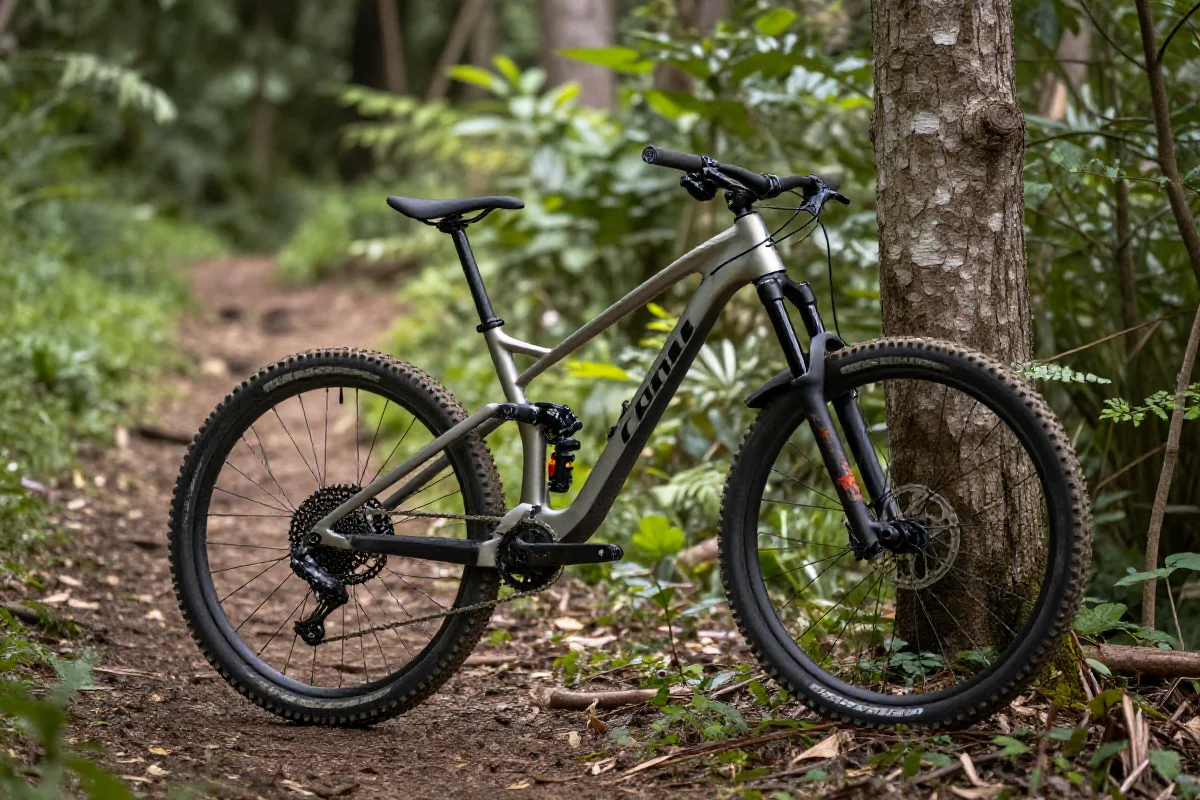 Rower górski w lesie, idealny do jazdy w Bikeparku Szczyrk.