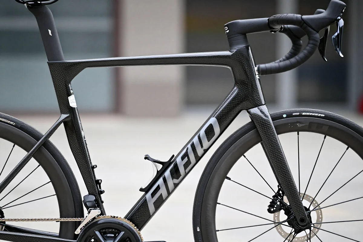 Szczegółowy obraz wysokiej klasy ramy roweru szosowego w miejskim otoczeniu.
