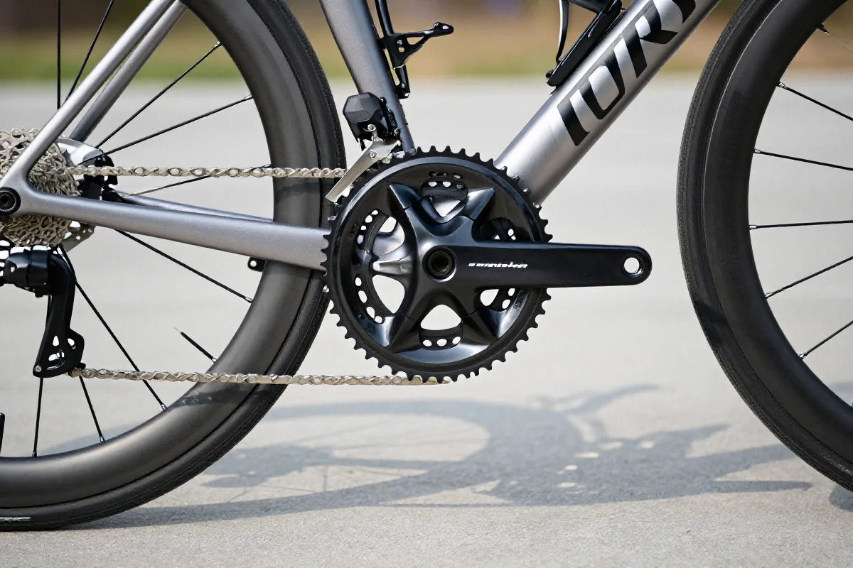 Szczegółowy widok korby i pedałów roweru szosowego, ukazujący biomechanikę pedałowania.