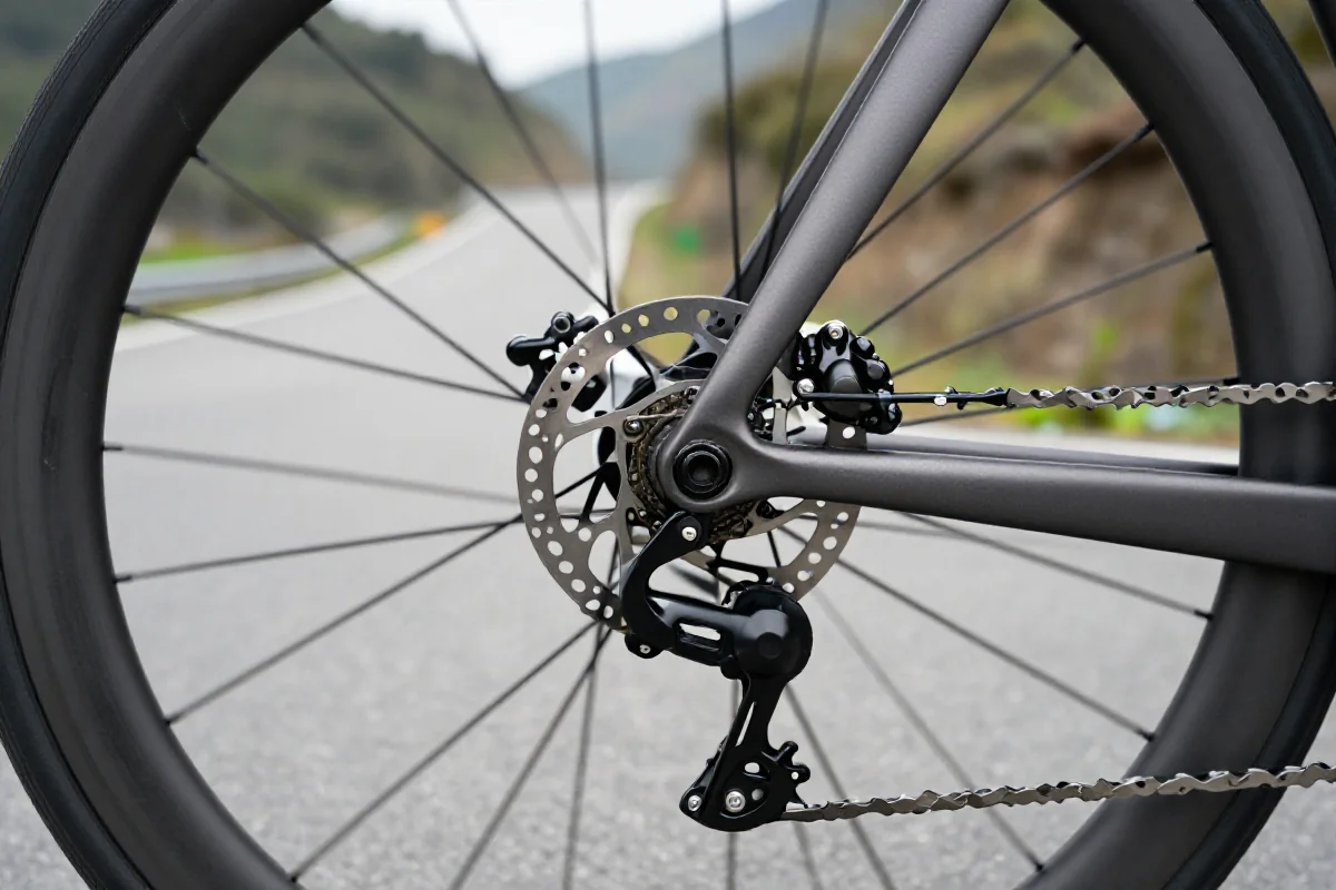 Rower szosowy z hydraulicznymi hamulcami tarczowymi na zjeździe górskim.