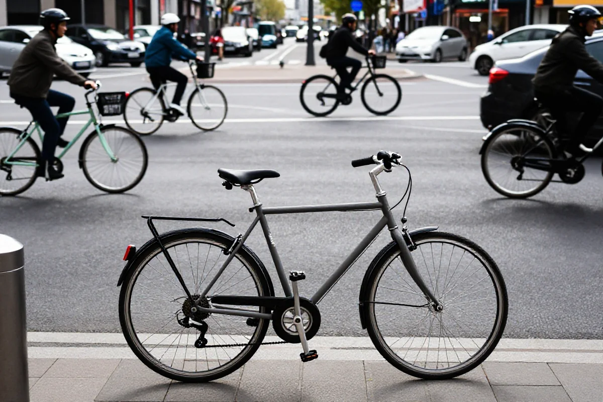 Zatłoczone rondo w mieście z rowerami i samochodami, bezpieczeństwo rowerzystów.