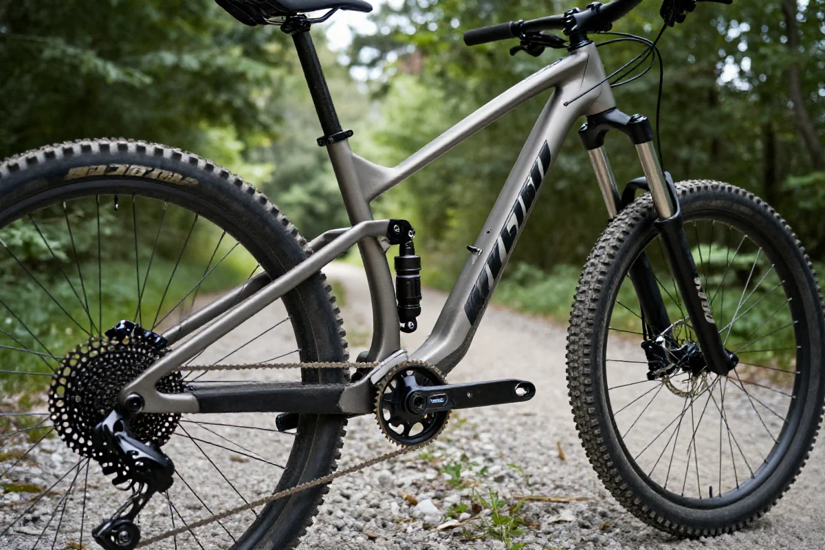Zbliżenie na używany rower górski, ukazujące geometrię ramy i komponenty.