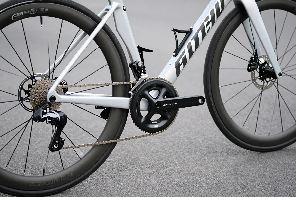 Szczegóły roweru szosowego z nowoczesnymi komponentami i aerodynamiczną ramą.