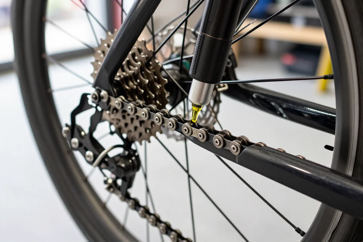 Smarowanie łańcucha rowerowego w warsztacie, detale smaru i ogniw.