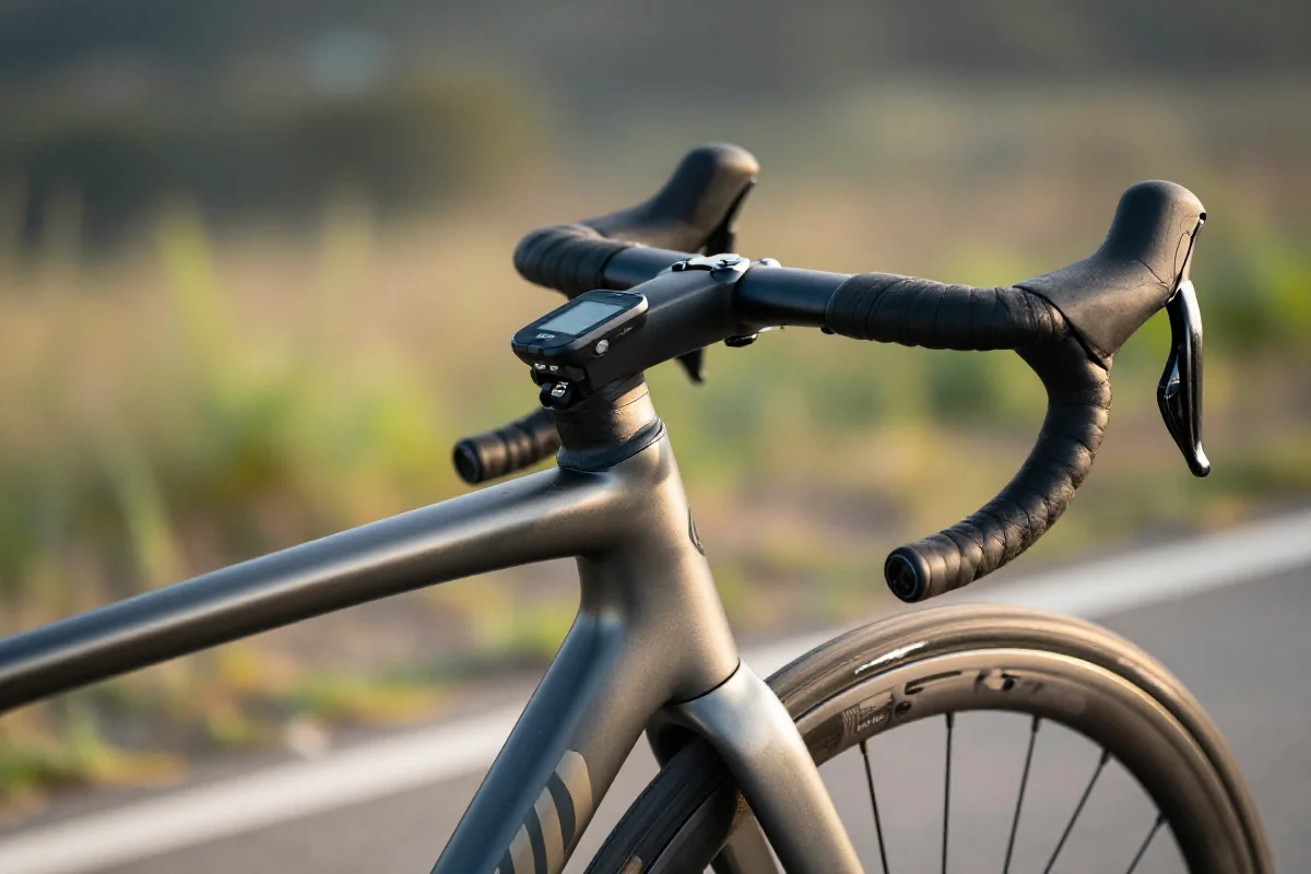 Nowoczesny rower szosowy z monitorem tętna na kierownicy w plenerze.