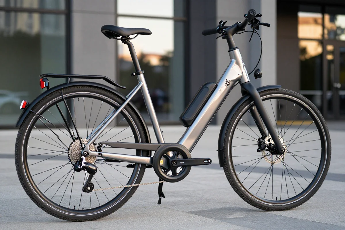 S-pedelec elektryczny rower na tle nowoczesnej architektury w mieście.
