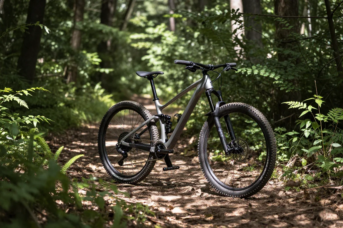 Rower górski na leśnej ścieżce w otoczeniu zieleni
