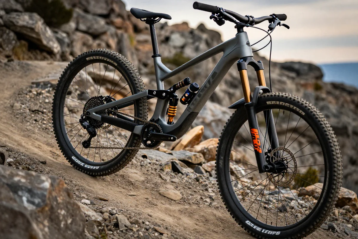 Nowoczesny rower górski na stromym zjeździe, z zaawansowanym zawieszeniem i hamulcami.