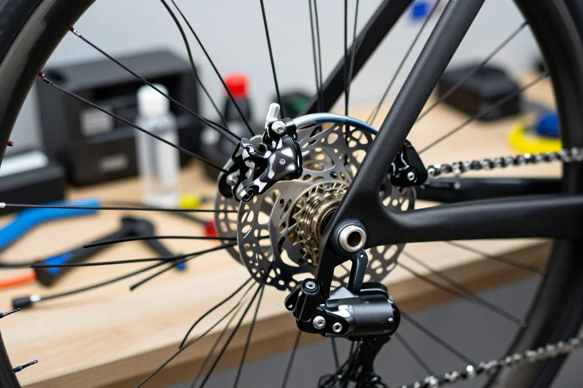 Szczegółowy widok na hamulce hydrauliczne roweru szosowego podczas serwisowania.