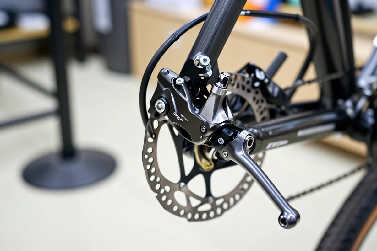 Zbliżenie na hamulce hydrauliczne Shimano Ultegra w warsztacie rowerowym.