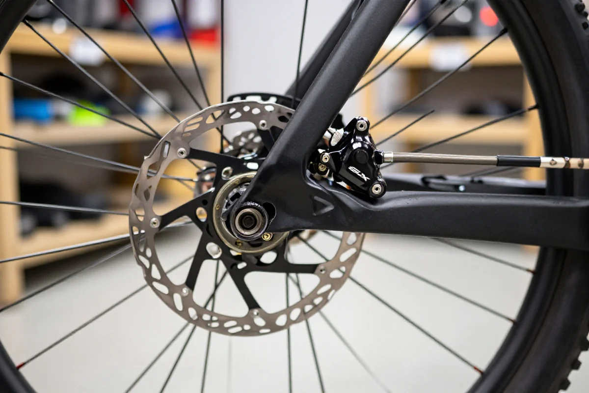Szczegóły hydraulicznych hamulców Shimano SLX na rowerze górskim.