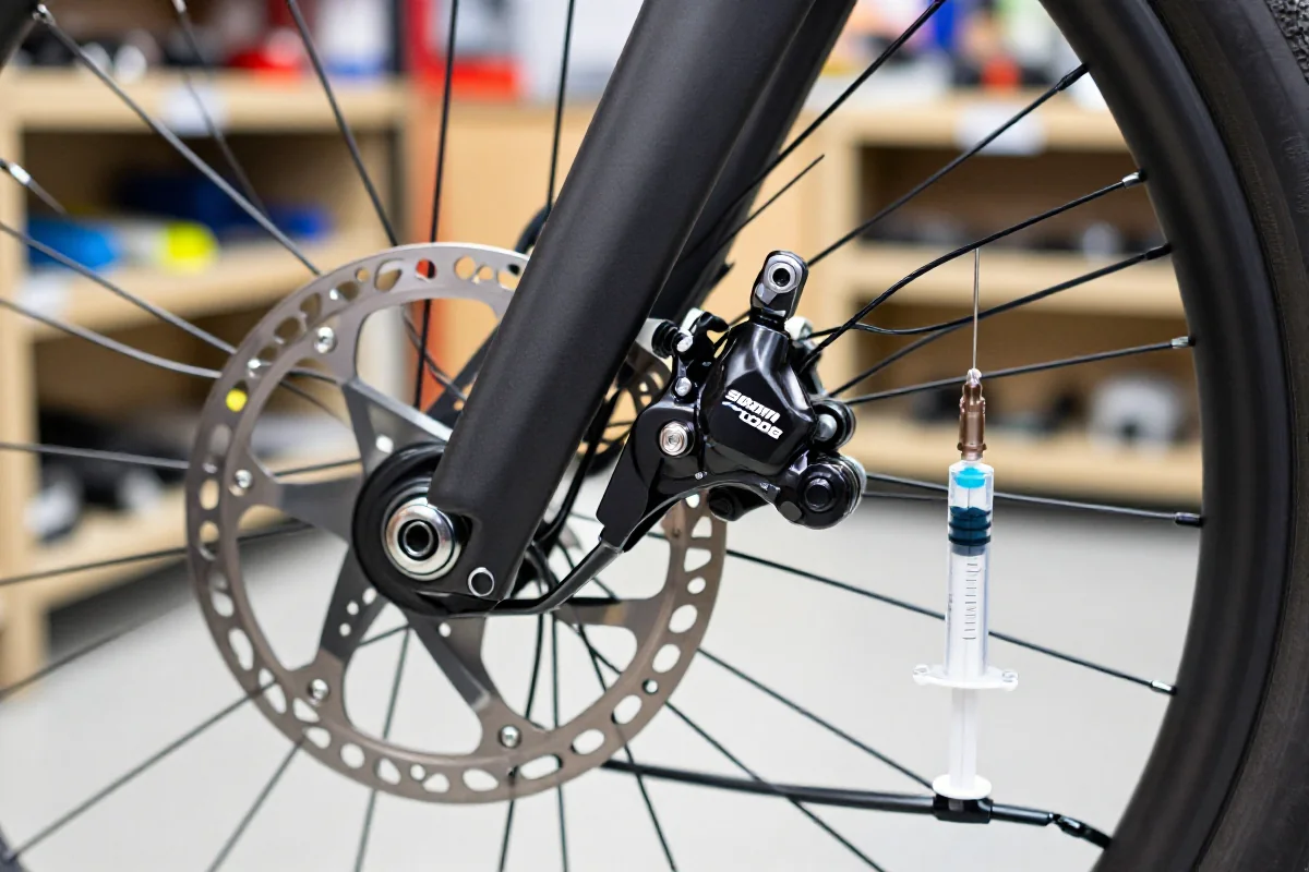 Zestaw narzędzi do odpowietrzania hamulców hydraulicznych SRAM Code w warsztacie.