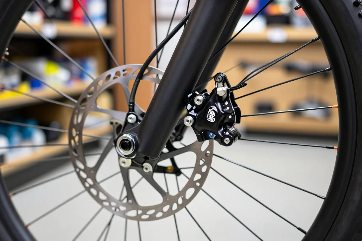 Widok na hydrauliczny system hamulcowy roweru MTB, kluczowy w konserwacji hamulców.