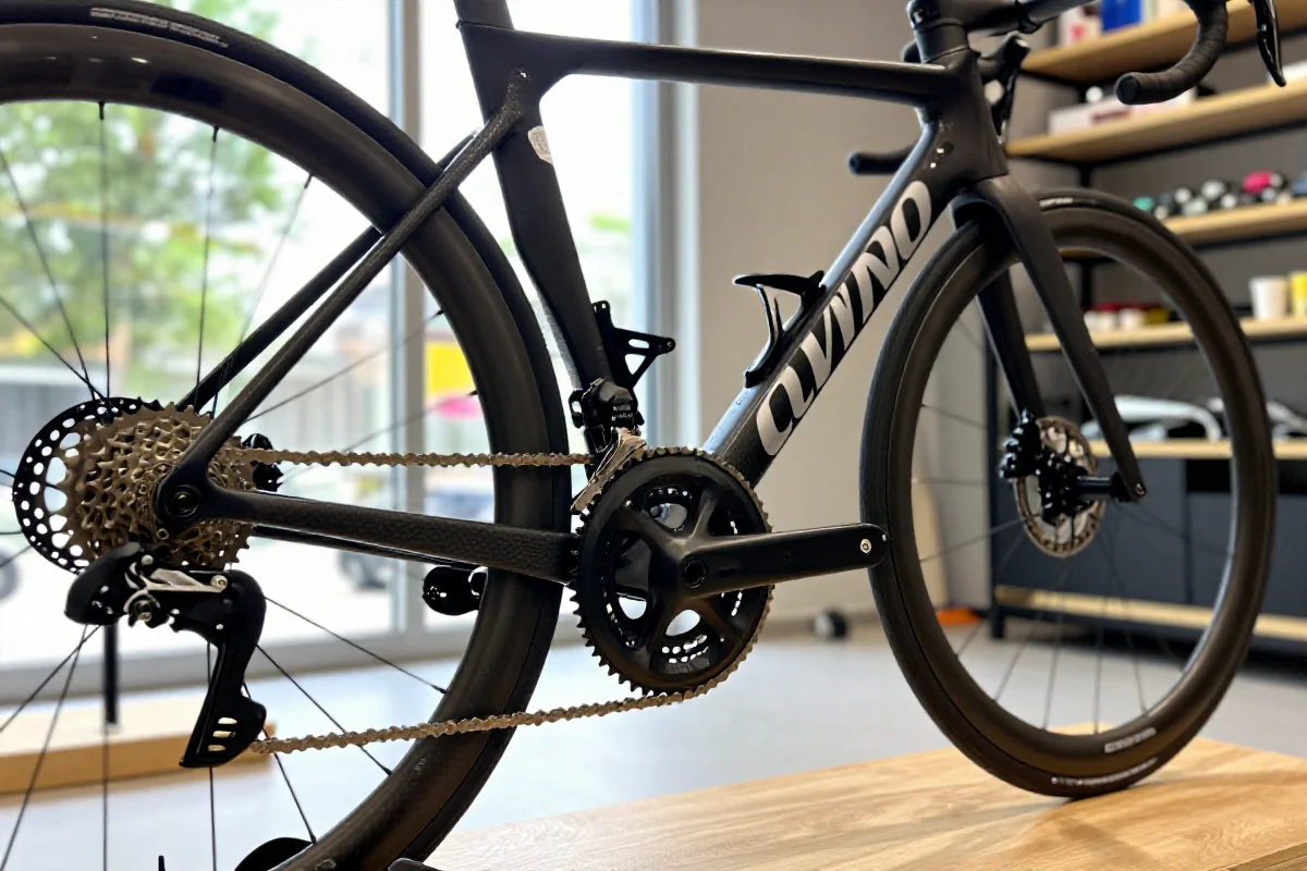 Szczegółowy widok na komponenty roweru szosowego, podkreślający jego wytrzymałość i aerodynamikę.