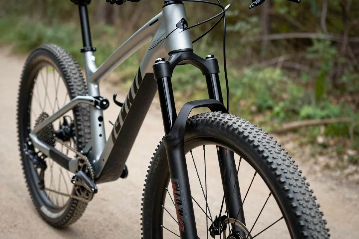 Nowoczesny rower górski z błotnikami w naturalnym otoczeniu