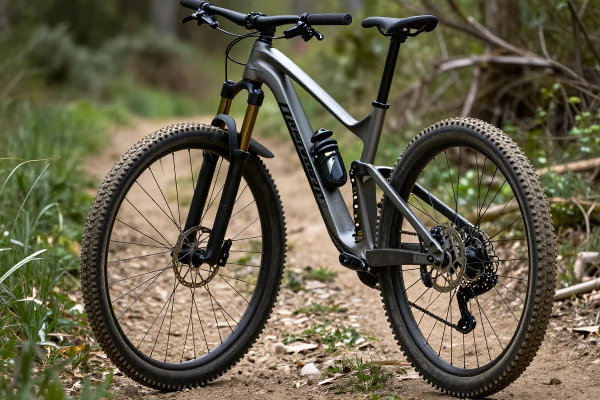 Rower górski z błotnikami i osłonami na trudnym terenie MTB