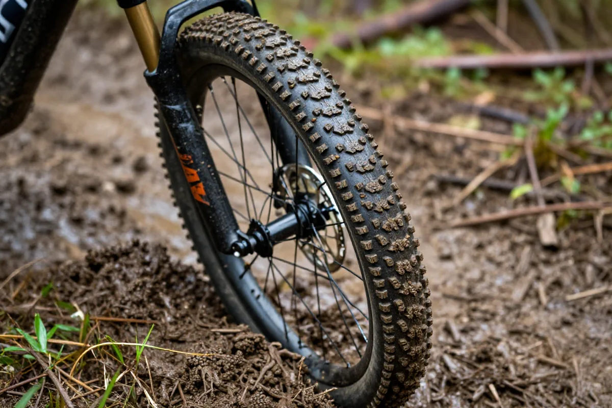 Opona roweru górskiego w błocie na mokrej trasie, techniki jazdy w trudnych warunkach.