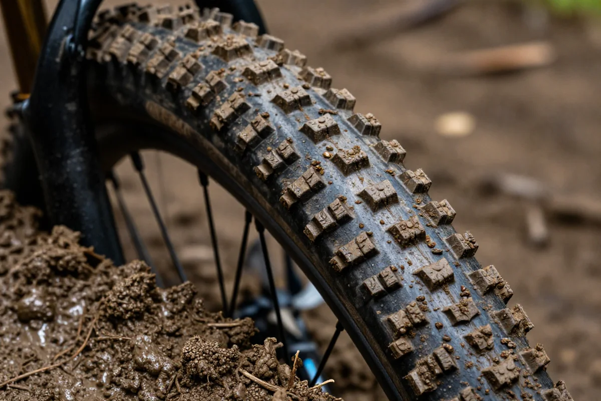 Błotnista nawierzchnia pod oponą roweru górskiego, techniki jazdy w błocie.