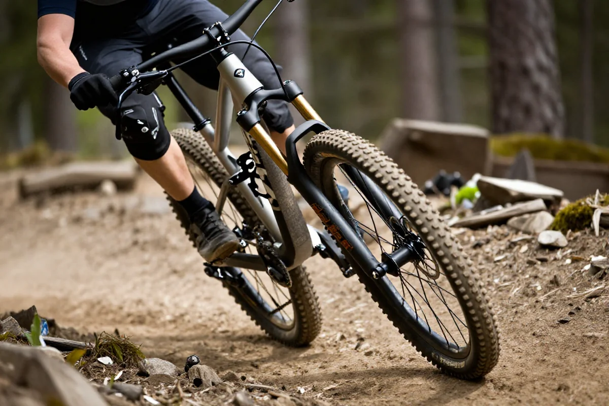 Rower górski pokonujący zakręt na szlaku, ukazujący techniki przechylenia.