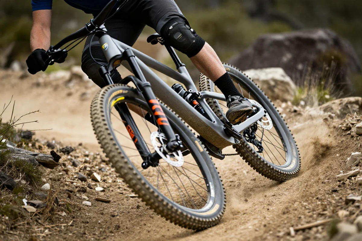 Rower górski w zakręcie, pokazujący technikę pochylania ciała i roweru.