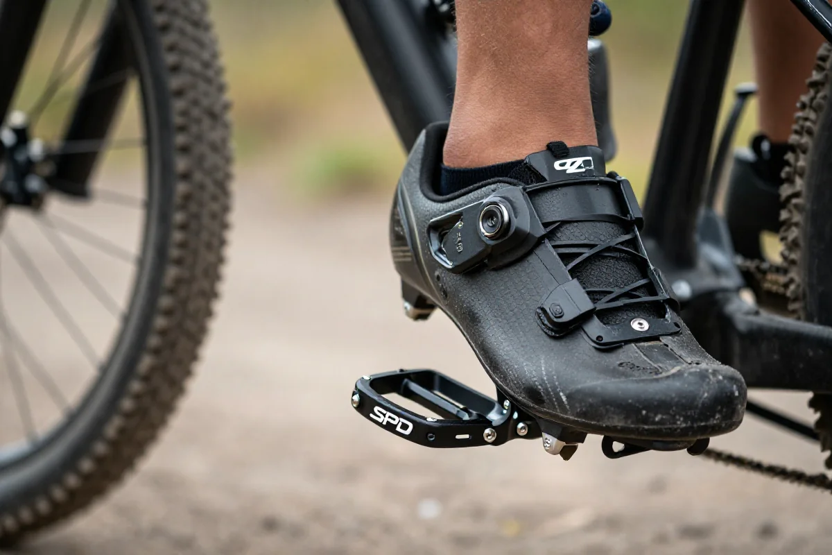 Zbliżenie na system pedałów MTB z cleats, kluczowy element wyposażenia roweru.
