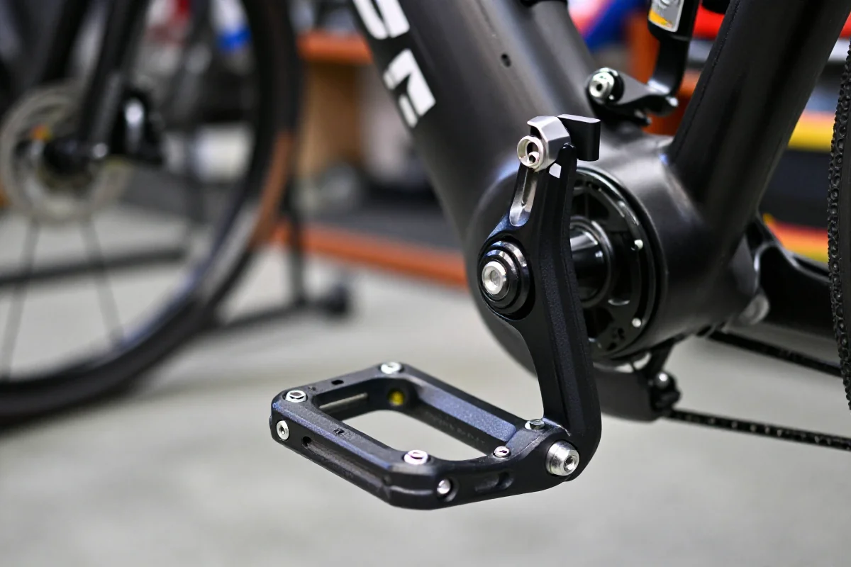 Zbliżenie na system pedałów i cleatów rowerowych w warsztacie rowerowym.