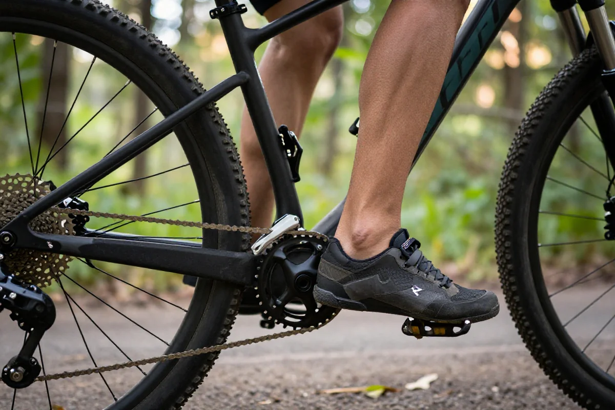 Szczegóły układu napędowego roweru górskiego, ukazujące ważne aspekty prewencji bólu kolana.