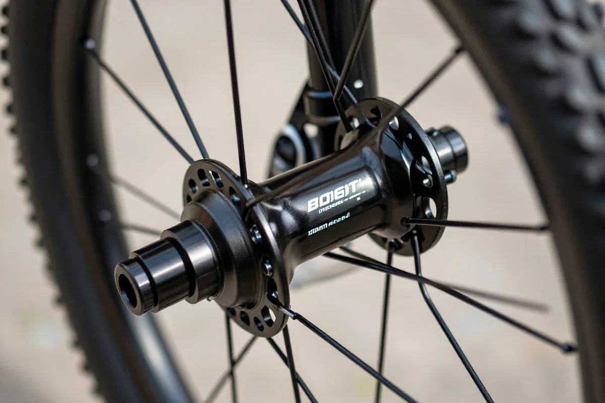 Szczegóły przedniej piasty roweru górskiego z rozstawem BOOST 110 mm.