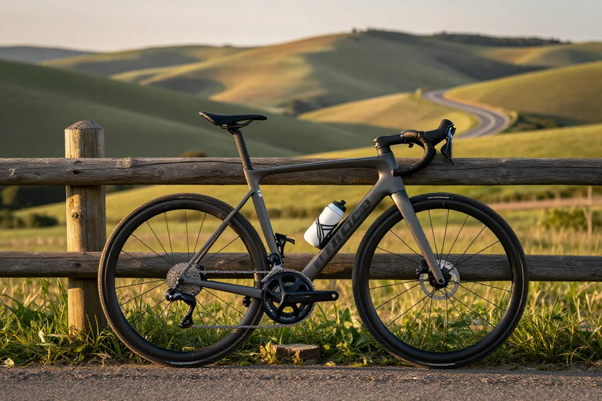 Rower szosowy przy drewnianym płocie w malowniczej scenerii.