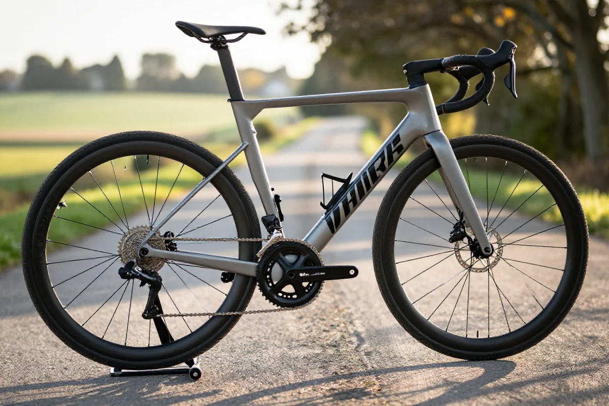 Rower turystyczny na wiejskiej drodze, z widocznymi elementami technicznymi.