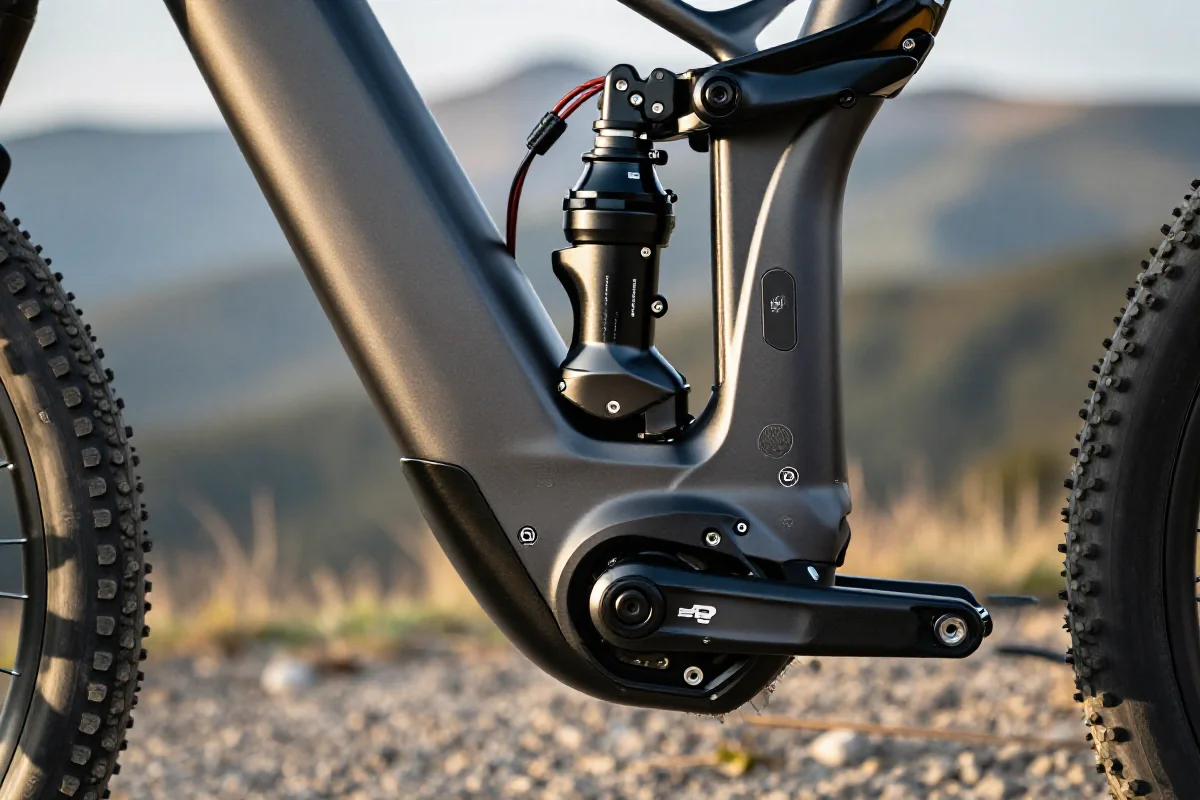 Zaawansowany system napędowy e-MTB z widokiem na silnik i komponenty.