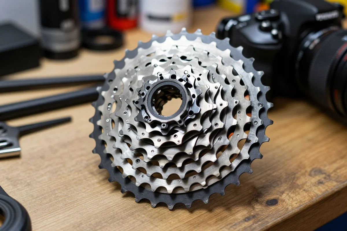 Budżetowa kaseta MTB na warsztatowym stole, szczegóły zębatkowe i narzędzia.